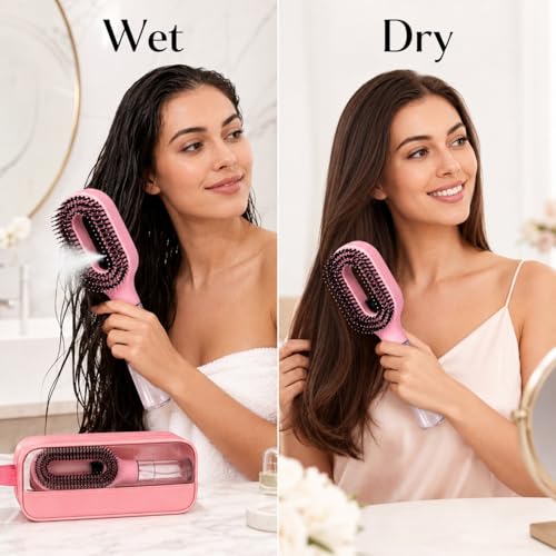 Hair Brush with Water Spray, 2-in-1 Misting Detangler for Wet Dry Curly Hair, Liquid Spraying Styling Tool with Refillable Bottle and Waterproof Storage Bag, Portable Travel Hairbrush Set