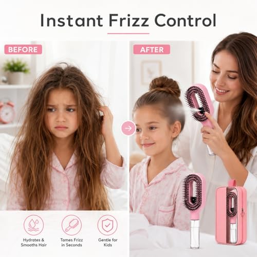 Hair Brush with Water Spray, 2-in-1 Misting Detangler for Wet Dry Curly Hair, Liquid Spraying Styling Tool with Refillable Bottle and Waterproof Storage Bag, Portable Travel Hairbrush Set