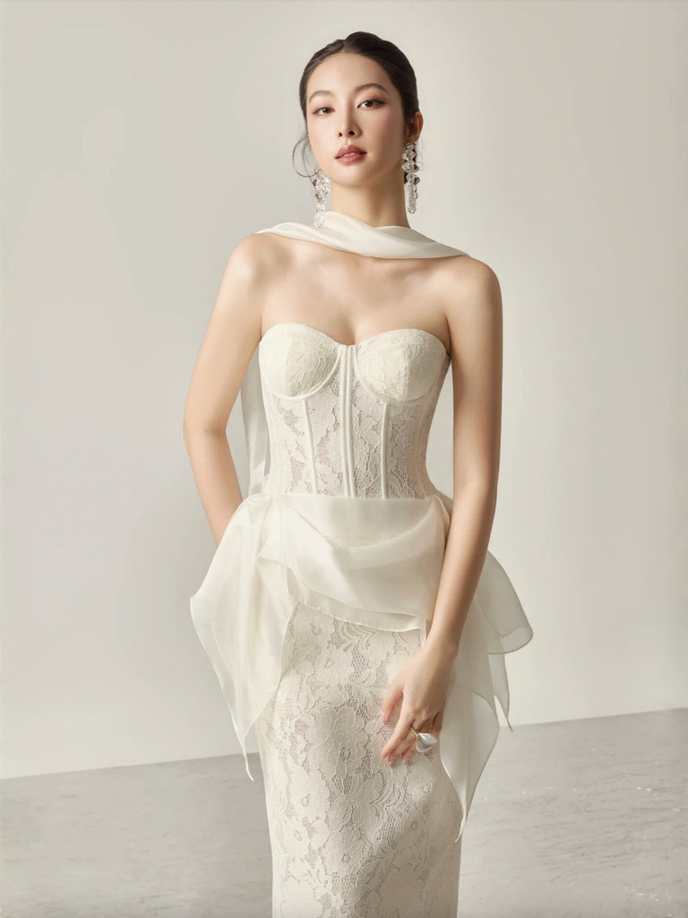 Strapless Corset Lace Midi Dress With Detachable Ruffled Overlay