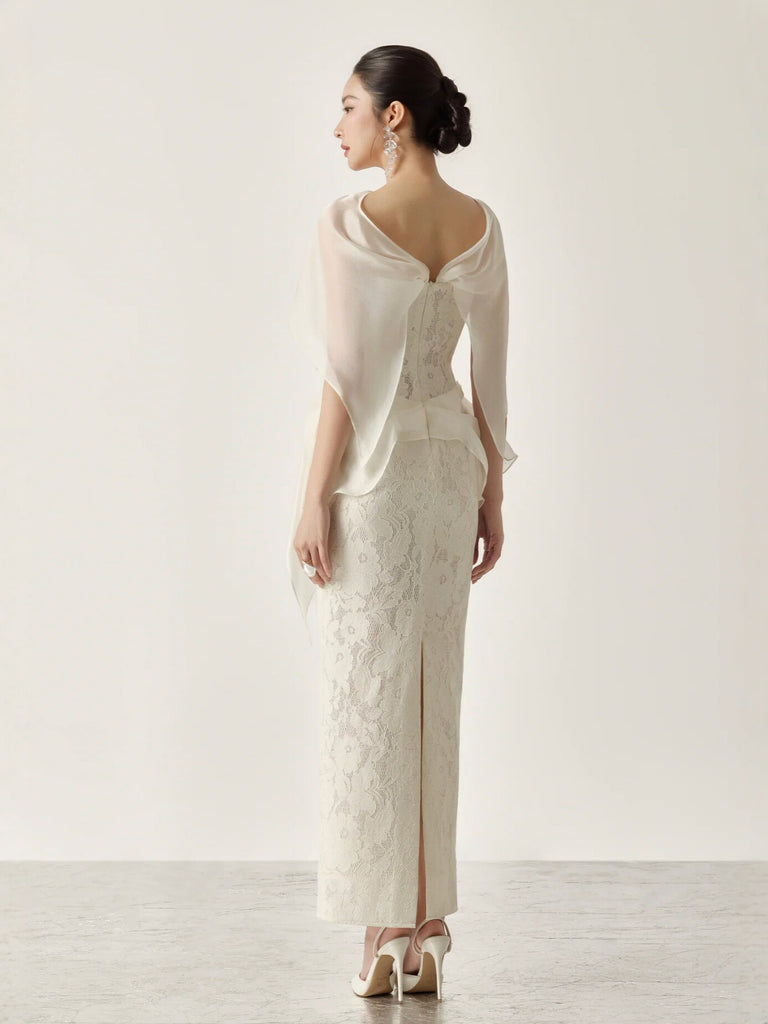Strapless Corset Lace Midi Dress With Detachable Ruffled Overlay
