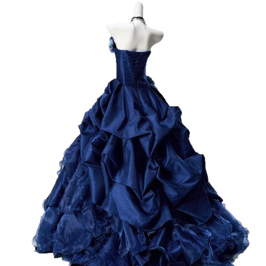 Blue High-end Intricately Embellished Strapless Ball Gown For Evening Events And Banquets