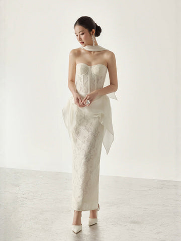 Strapless Corset Lace Midi Dress With Detachable Ruffled Overlay