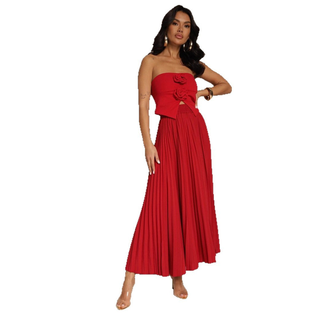 Solid-color Chic High-waisted Pleated Skirt With A Smooth Flowing Drape