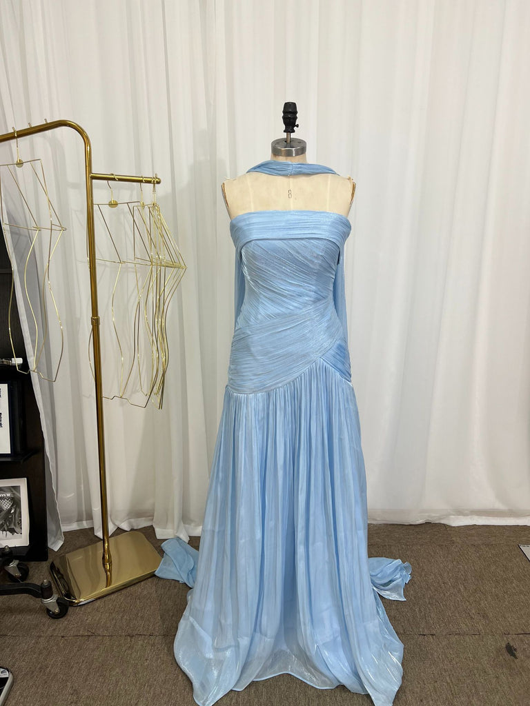 Pleated Strapless Evening Gown With Neck Sash Train