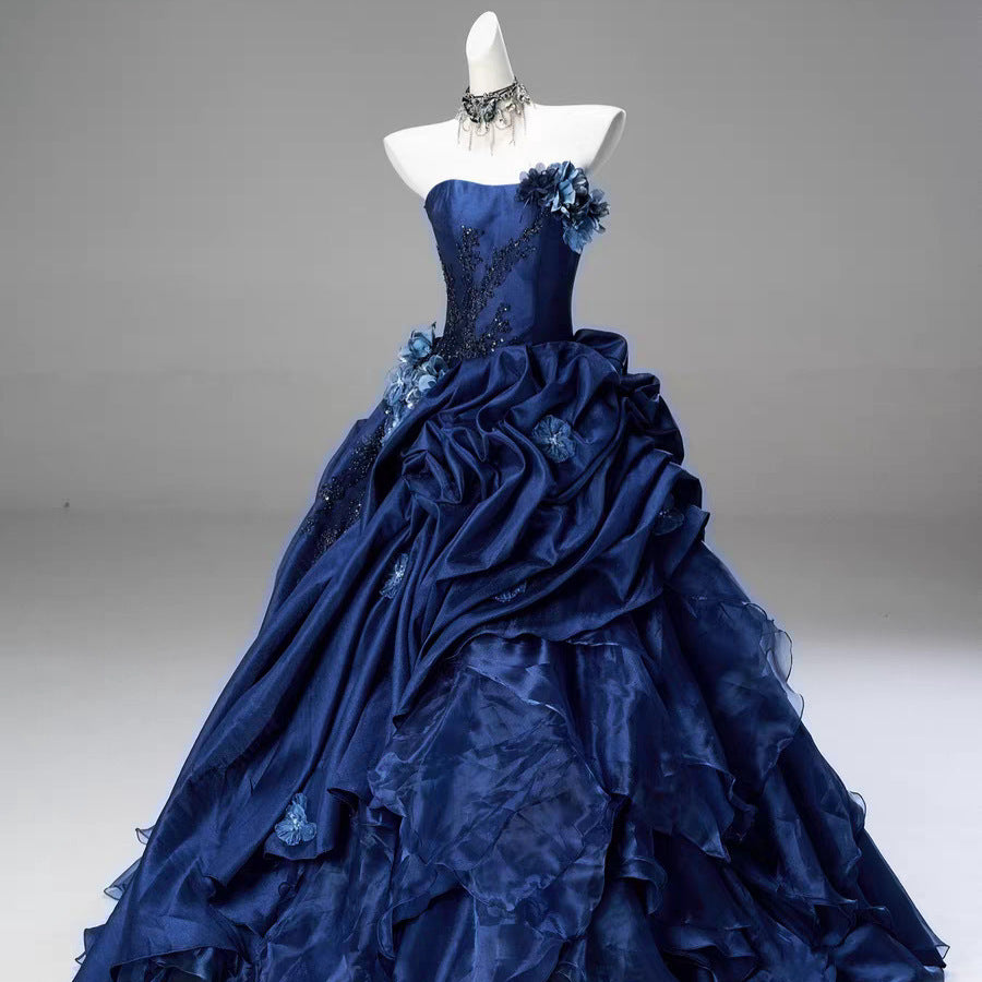 Blue High-end Intricately Embellished Strapless Ball Gown For Evening Events And Banquets