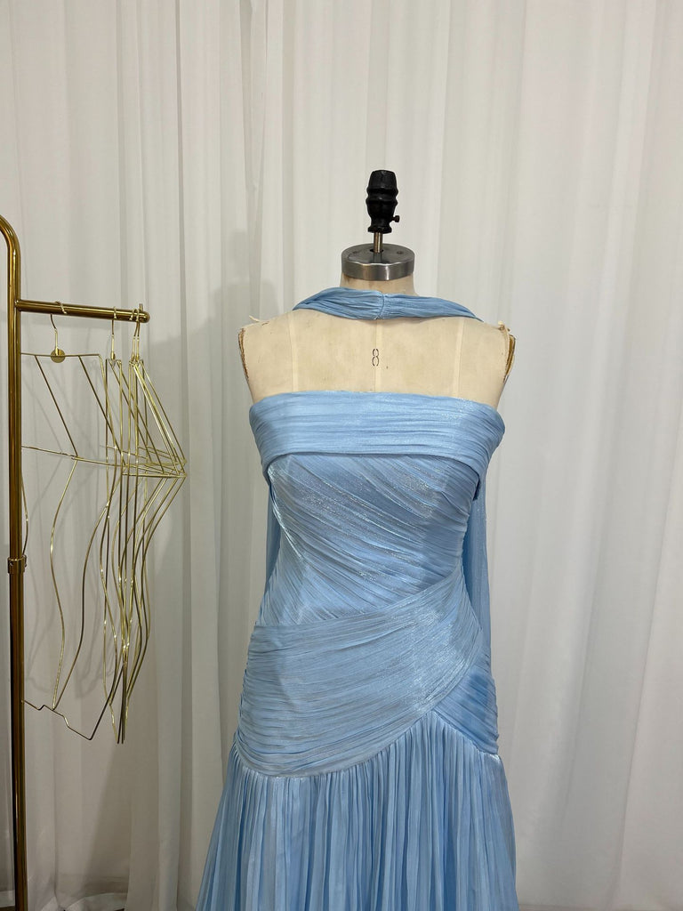 Pleated Strapless Evening Gown With Neck Sash Train