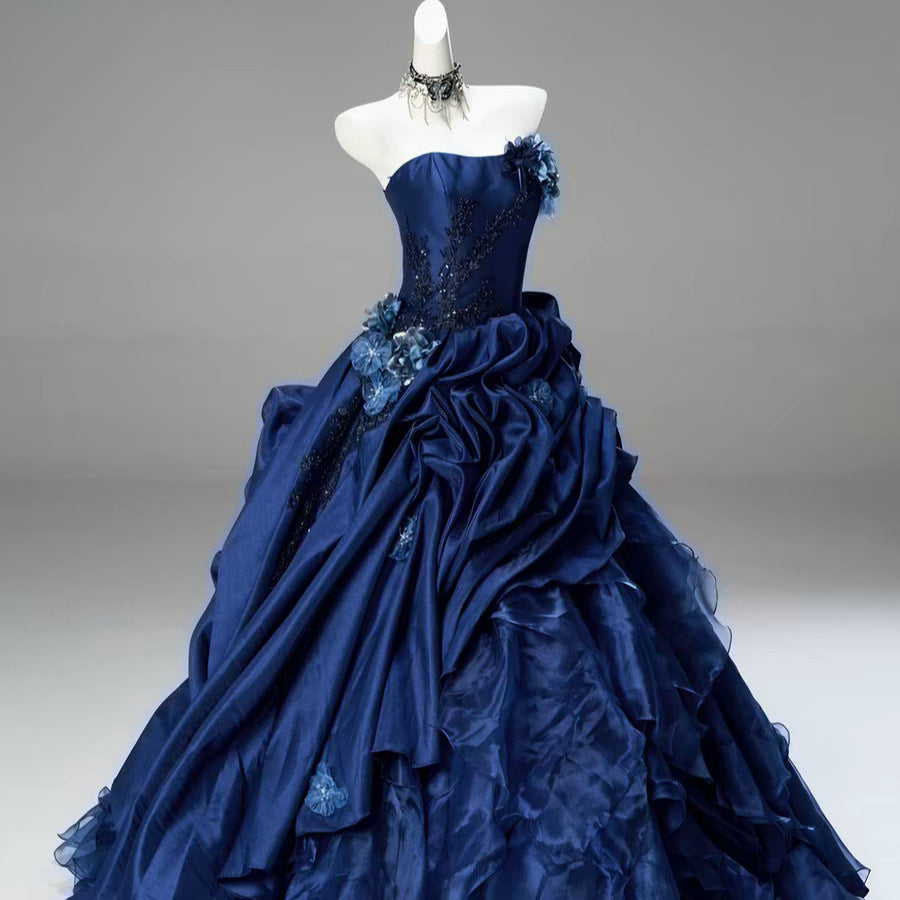 Blue High-end Intricately Embellished Strapless Ball Gown For Evening Events And Banquets