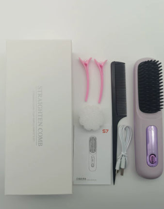 2 In 1 Straight Hair Comb Wireless Hair Straightener Brush Hair Fast Heating Portable Hot Curler USB Charging