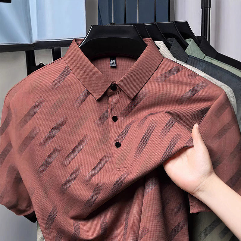 Mens Mid-age Lapel Short-sleeve T-shirt Top