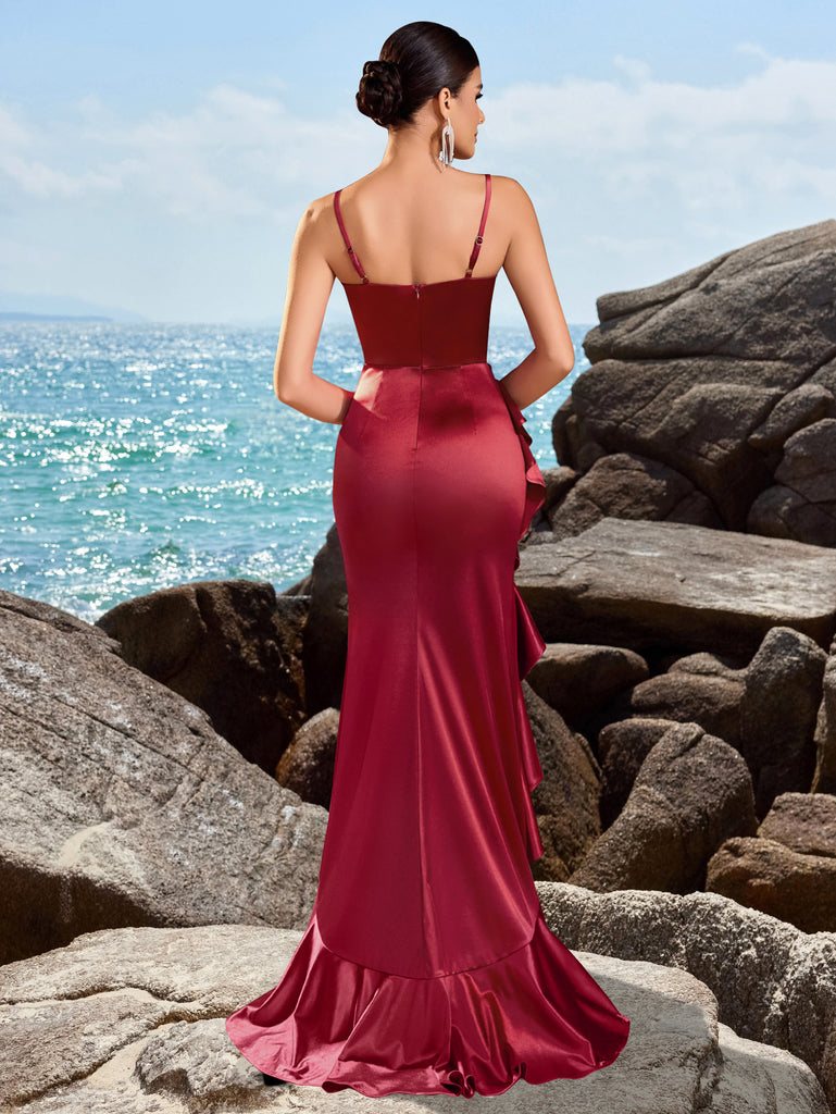 Wine Red Toasting Long Dress With Thin Straps And Ruffled Lace, Wedding And Party Evening Gown