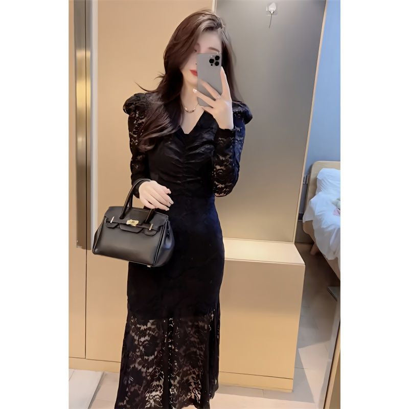 Lace V-neck Black Feminine Dress