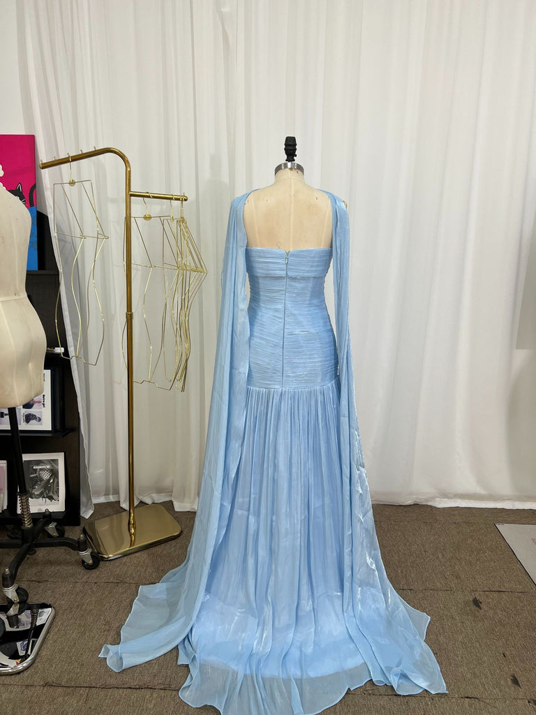 Pleated Strapless Evening Gown With Neck Sash Train
