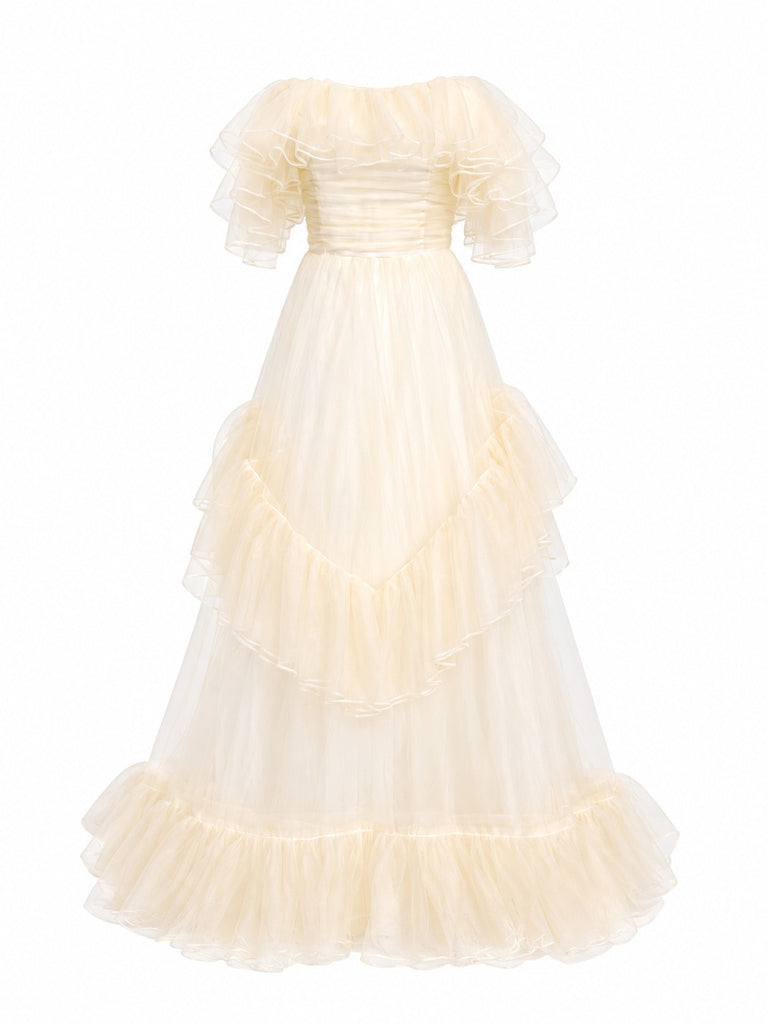 Off-The-Shoulder Ruffle Tiered Tulle Maxi Evening Gown