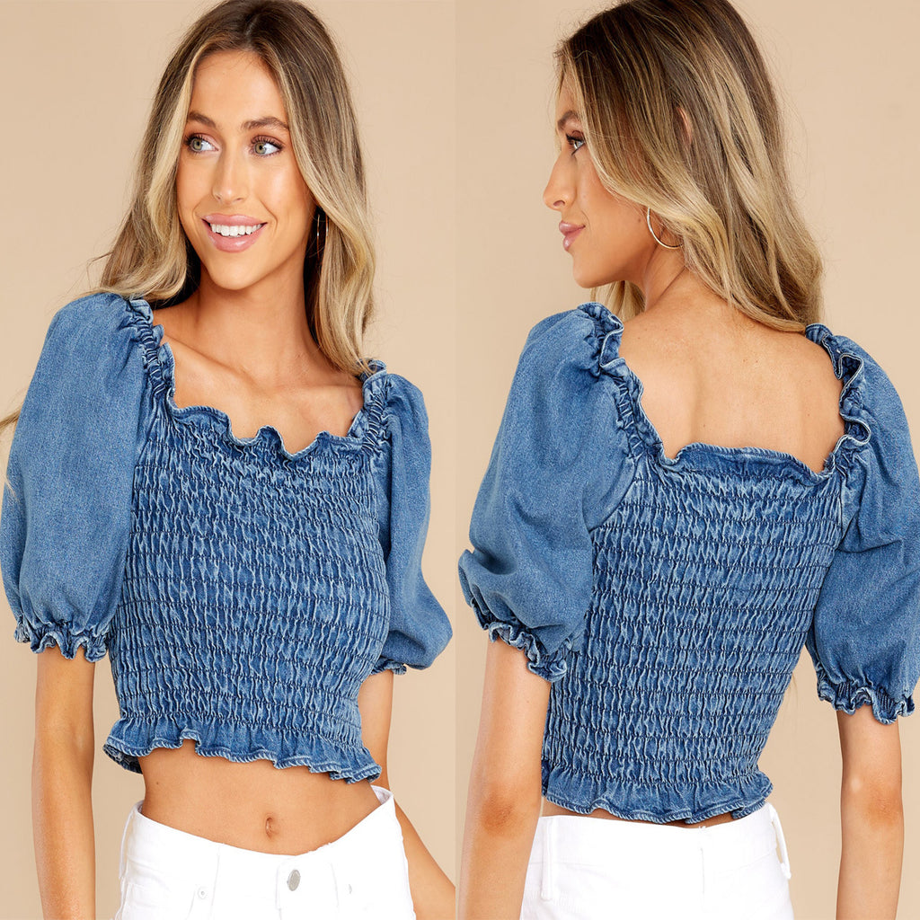 Fresh And Sweet Elastic Waist Solid-color Denim Short Sleeves