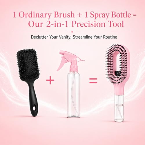 Hair Brush with Water Spray, 2-in-1 Misting Detangler for Wet Dry Curly Hair, Liquid Spraying Styling Tool with Refillable Bottle and Waterproof Storage Bag, Portable Travel Hairbrush Set