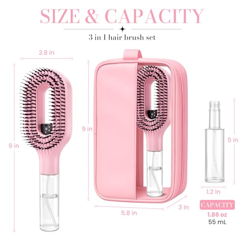 Hair Brush with Water Spray, 2-in-1 Misting Detangler for Wet Dry Curly Hair, Liquid Spraying Styling Tool with Refillable Bottle and Waterproof Storage Bag, Portable Travel Hairbrush Set
