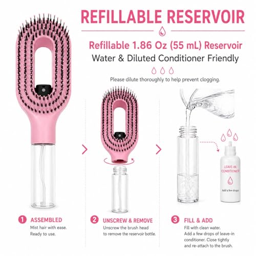 Hair Brush with Water Spray, 2-in-1 Misting Detangler for Wet Dry Curly Hair, Liquid Spraying Styling Tool with Refillable Bottle and Waterproof Storage Bag, Portable Travel Hairbrush Set