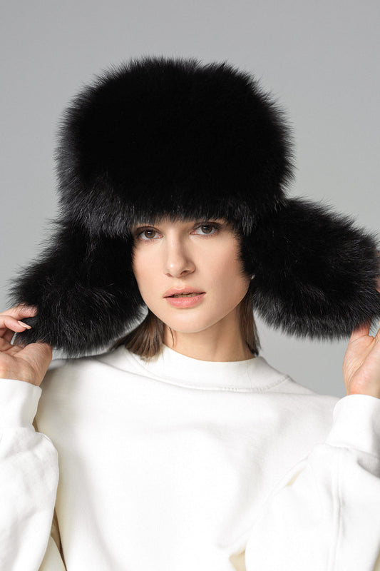 Black Genuine Arctic Fox Fur Sheepskin Hat