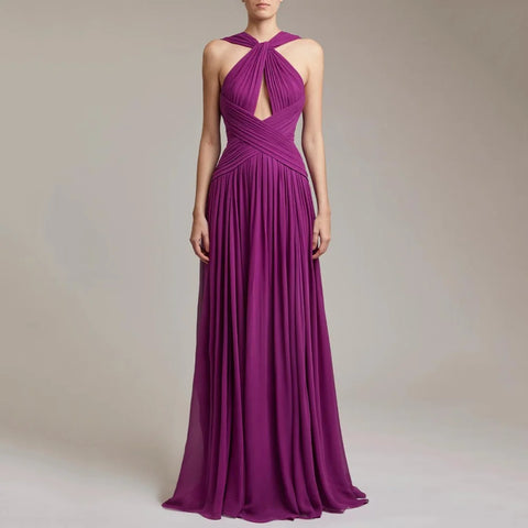 Twist Halter Keyhole Cross Ruched Chiffon Floor Length Evening Maxi Dress