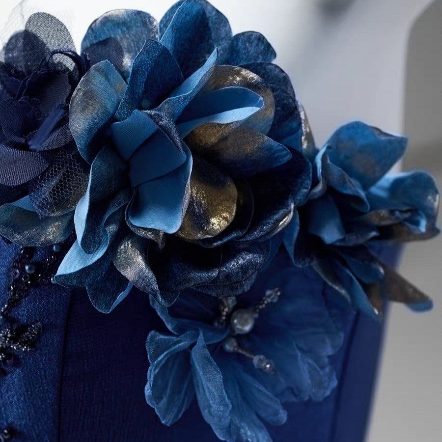 Blue High-end Intricately Embellished Strapless Ball Gown For Evening Events And Banquets
