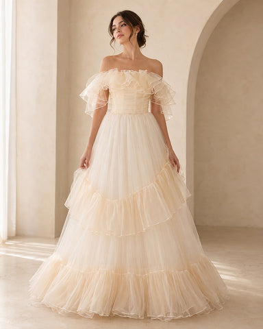 Off-The-Shoulder Ruffle Tiered Tulle Maxi Evening Gown