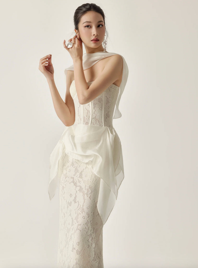Strapless Corset Lace Midi Dress With Detachable Ruffled Overlay