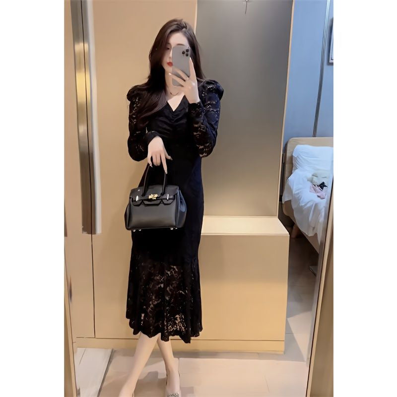 Lace V-neck Black Feminine Dress