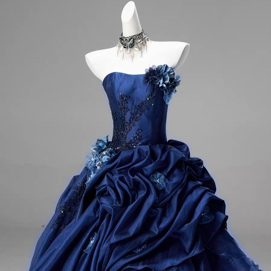 Blue High-end Intricately Embellished Strapless Ball Gown For Evening Events And Banquets