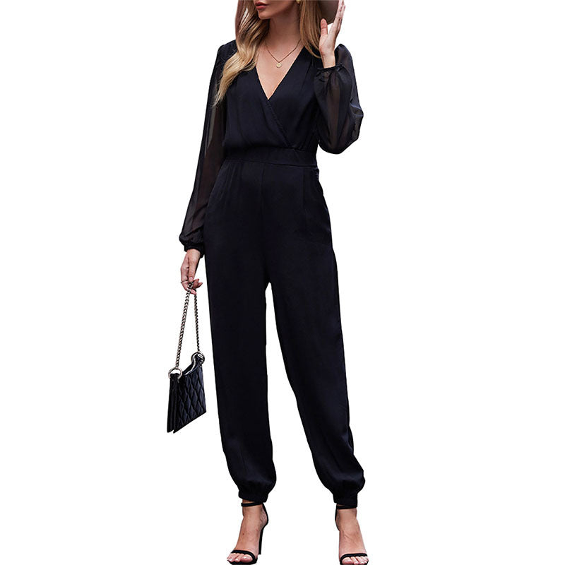 European And American Minimalist Lace Long-sleeve Black Jumpsuit
