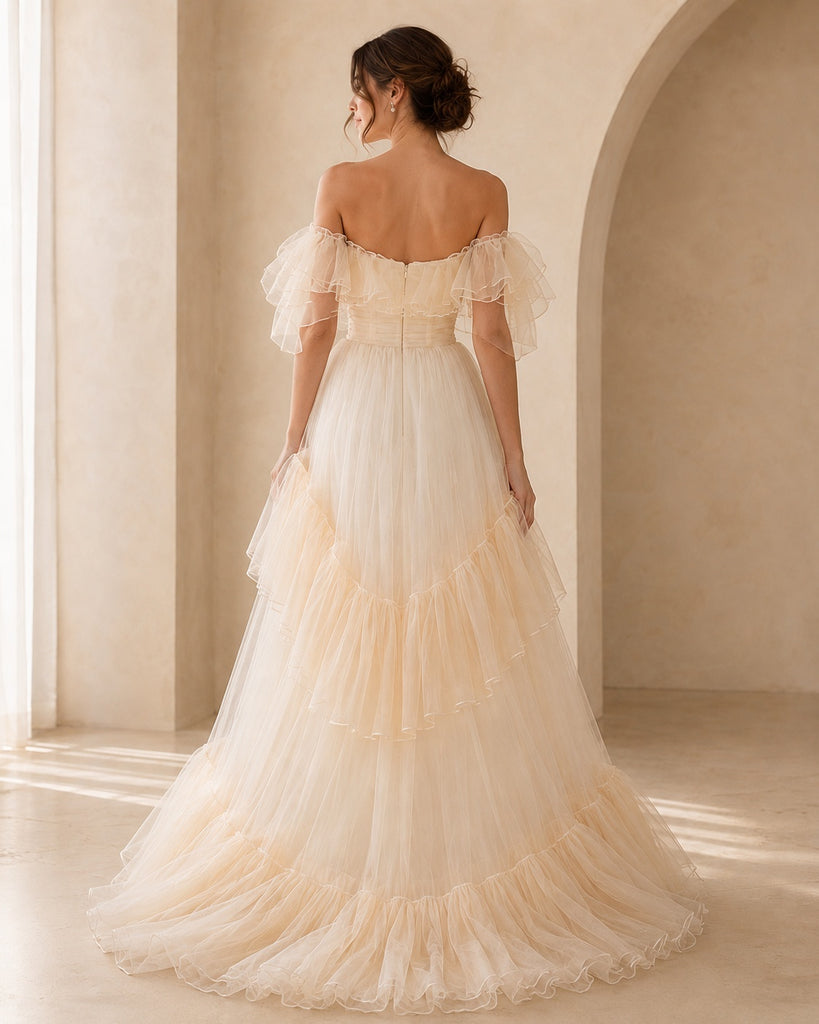 Off-The-Shoulder Ruffle Tiered Tulle Maxi Evening Gown