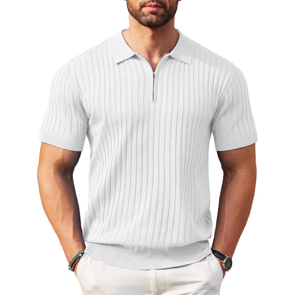 Mens Zip-Up Short-Sleeve Rib-Knit Polo T-Shirt Fashionable Casual Golf Shirt