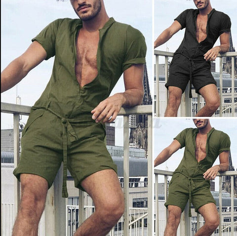 Solid-color Short-sleeve Jumpsuit For Men