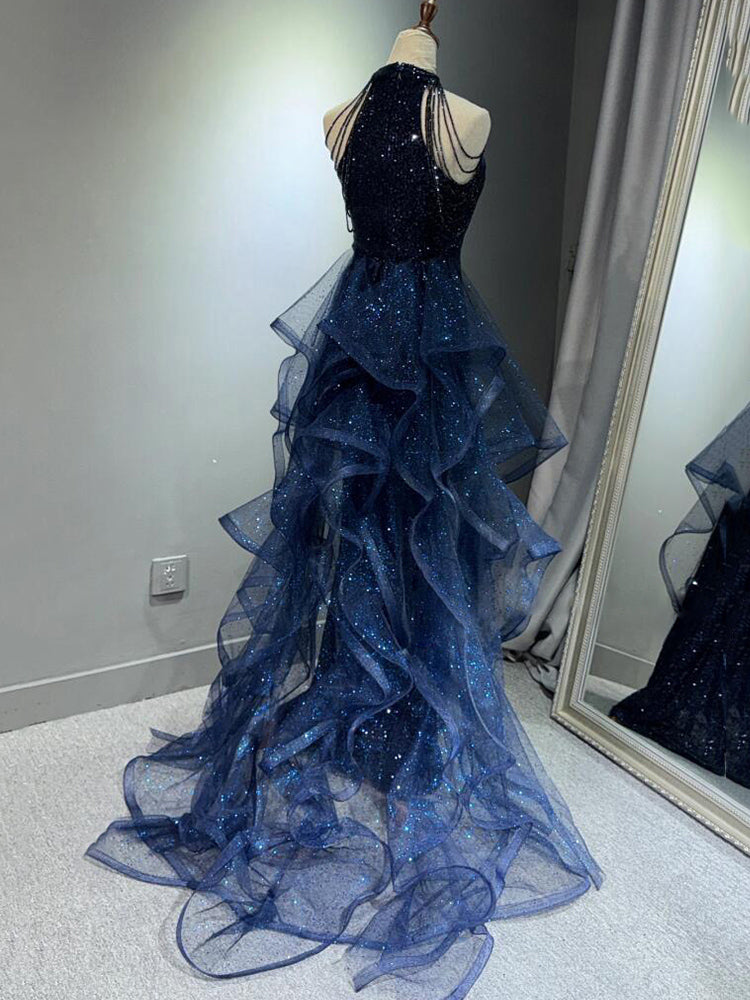 Sequin Halter Beaded Strap Mermaid Ruffle Tulle Train Evening Gown