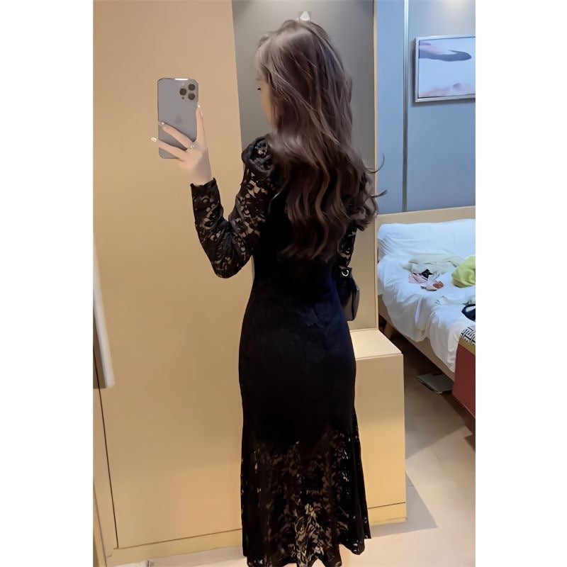 Lace V-neck Black Feminine Dress