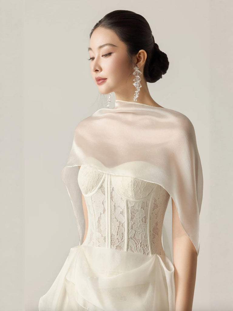 Strapless Corset Lace Midi Dress With Detachable Ruffled Overlay