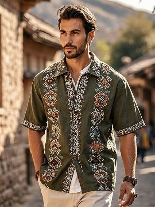 Retro style 3D printed Mens Short sleeve Shirt