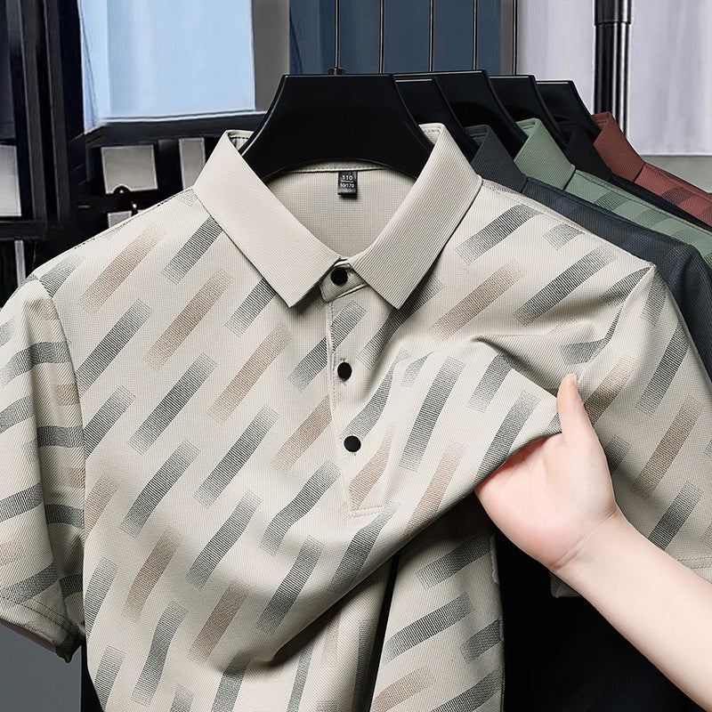 Mens Mid-age Lapel Short-sleeve T-shirt Top