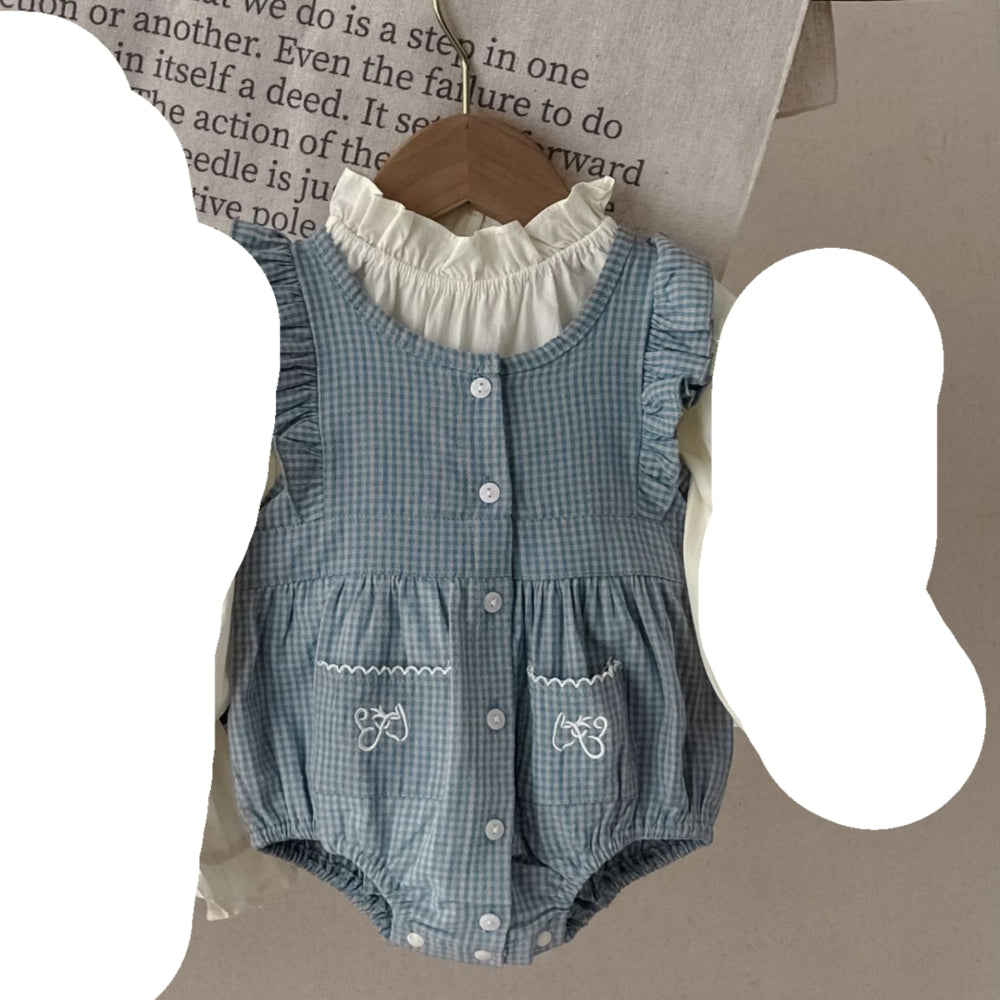 Infant Single-breasted Long Sleeve Small Plaid Romper Sling Small Overskirt