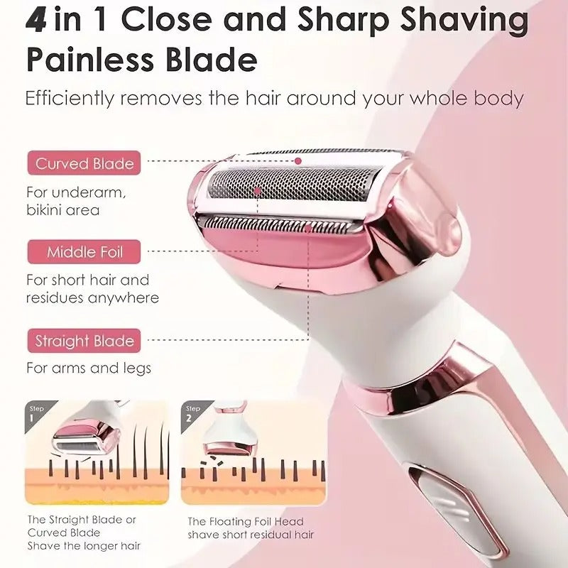 4-in-1 Rechargeable Electric Lady Shaver Set - Portable 500mAh Wet & Dry Painless Trimmer for Face, Nose, Legs & Underarms