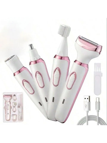 4-in-1 Rechargeable Electric Lady Shaver Set - Portable 500mAh Wet & Dry Painless Trimmer for Face, Nose, Legs & Underarms